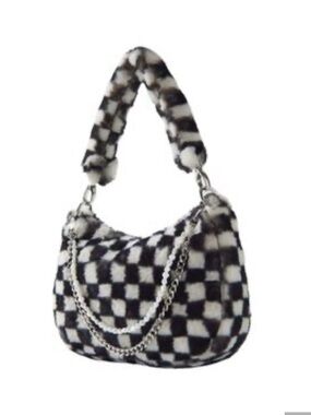 Urban Outfitters Black & White Checkerboard Faux Fur Shoulder Bag